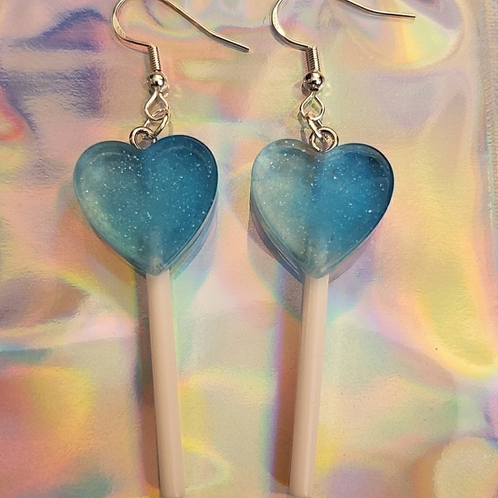 Handmade Blue Ombre Glitter Resin Heart Lollipop Dangle Earrings